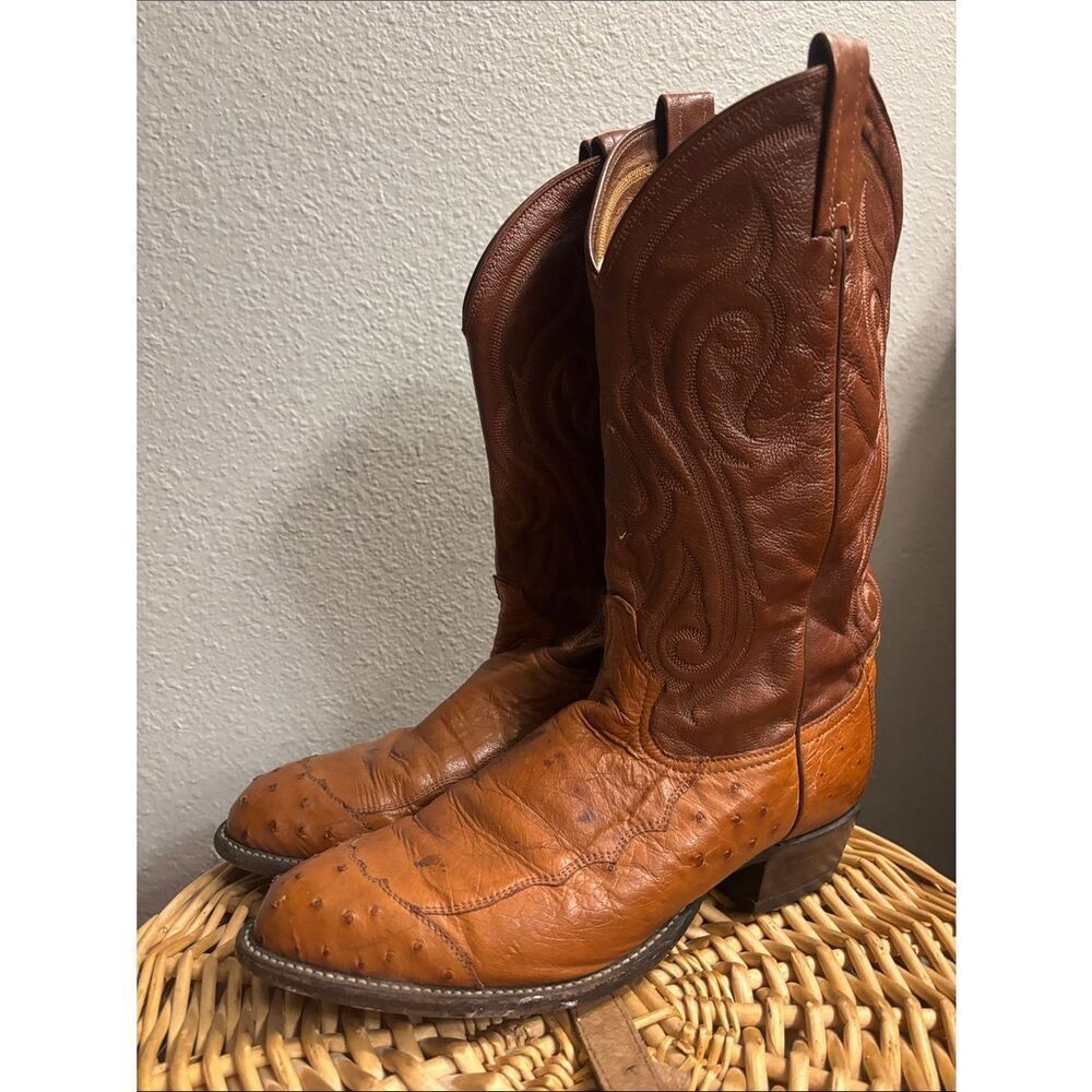 Tony Lama Two-Tone Tan and Brown Ostrich-Inspired Cowboy Boots